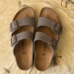 Birkenstock Arizona Two-Strap Sandals in Brownish Taupe with Copper Buckles